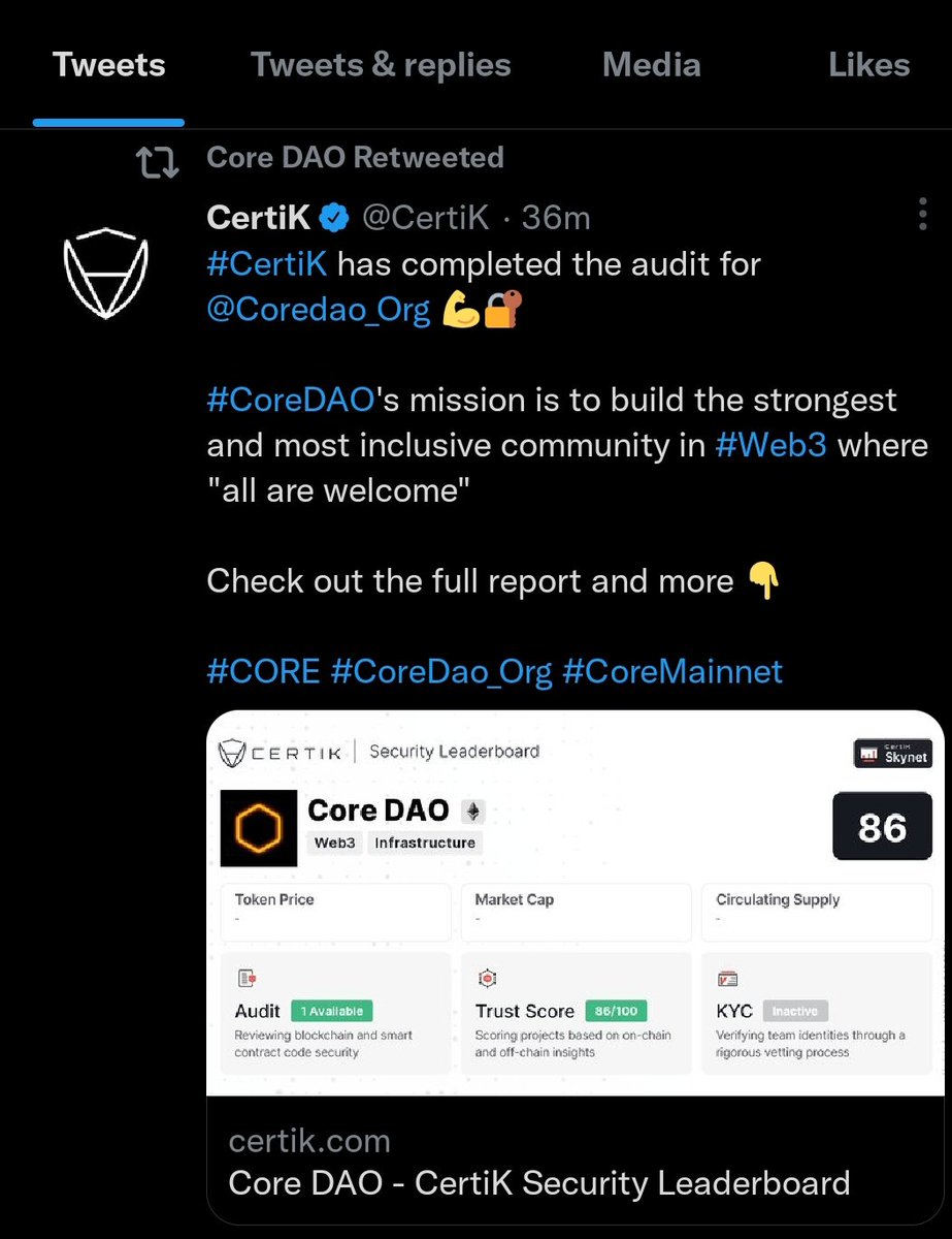 A great joy to see CertiK complete ✅💯  there audit for Core...  It shows a great progress in the core community.. let's congratulate core as they move forward ⏩ for a better future for all . Keep mining ⛏️ you still have little more time before game over...