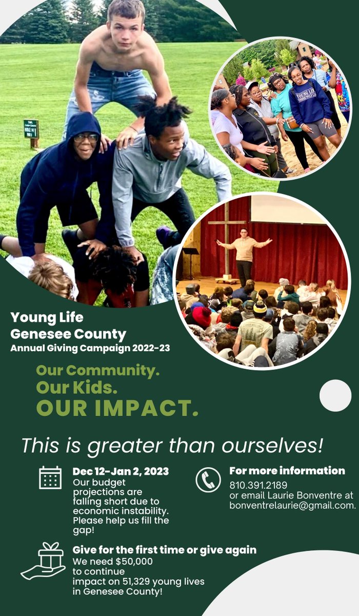 GenCoYL's tweet photo. THANK YOU NEW DONORS!
Want to send a check instead of giving online? Young Life Genesee County, 5083 Miller Road, Suite C, Flint, MI 48507. 
Call with questions - or to meet &amp; hear more about this AMAZING MINISTRY! 
Click here to give online! https://t.co/fJlveqy8mj 
Please RT <3 https://t.co/mm6YCQjKWq