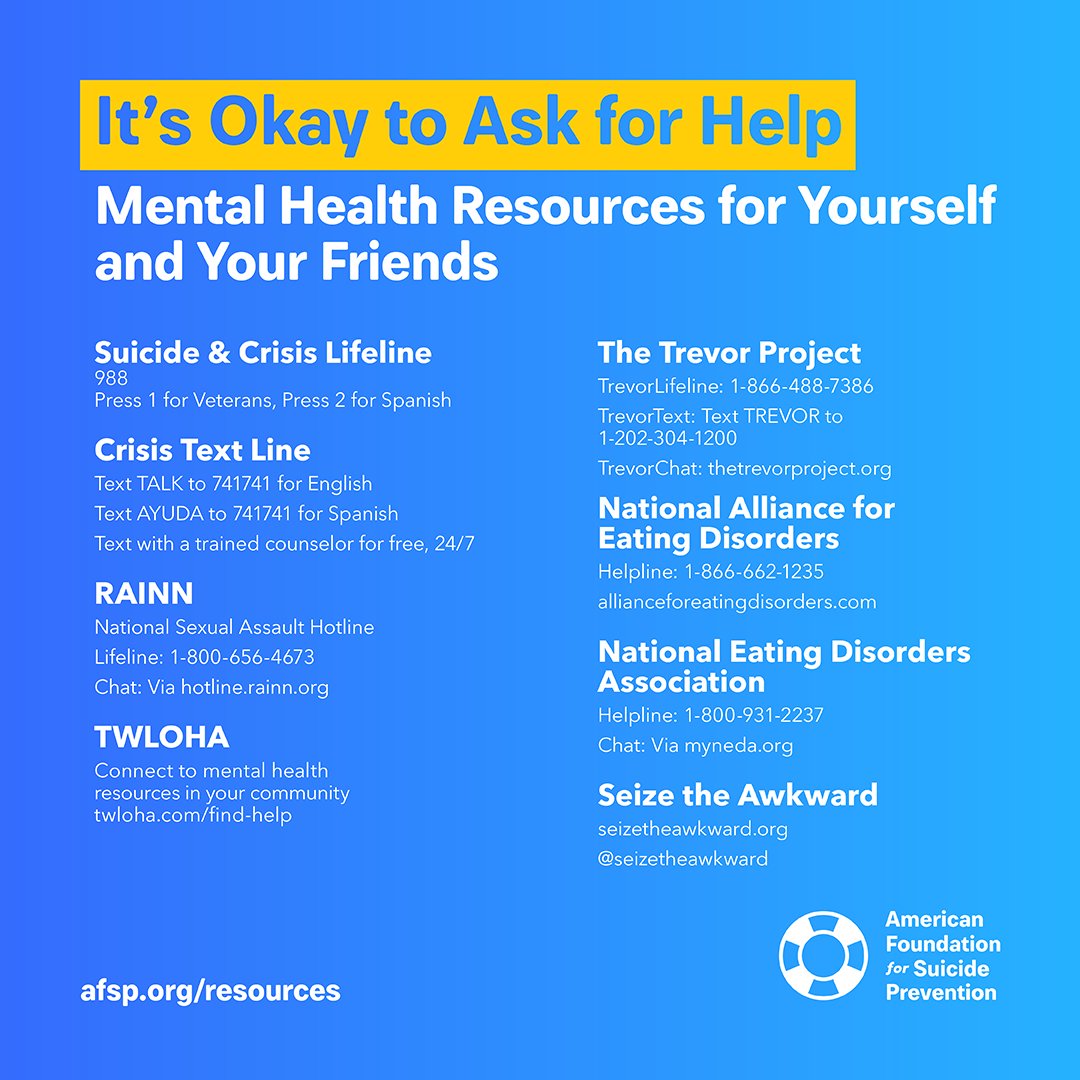 American Foundation for Suicide Prevention (@afspnational) on Twitter photo If you are struggling, you are not alone. Please call <a href="/988Lifeline/">988 Suicide & Crisis Lifeline</a> or reach out to the <a href="/CrisisTextLine/">Crisis Text Line</a> by texting TALK To 741741. They’ve got your back. If you are struggling, you are not alone. Please call <a href="/988Lifeline/">988 Suicide & Crisis Lifeline</a> or reach out to the <a href="/CrisisTextLine/">Crisis Text Line</a> by texting TALK To 741741. They’ve got your back.