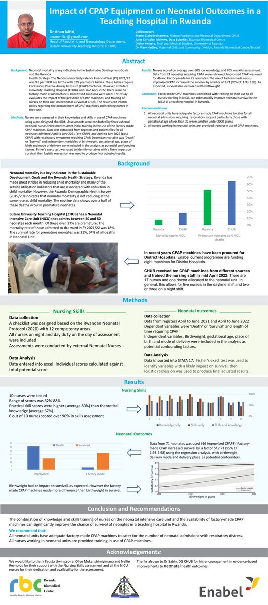nsanzimanasabin's tweet photo. Evidence-based medicine starts with simple questions:What-Why-When-Where&amp;How can we solve a problem? This abstract @chu_butare @EnabelinRwanda @RBCRwanda showed us how simple changes can save lives -We look forward to extend this approach to other health facilities @RwandaHealth https://t.co/nrrDbgGaEI