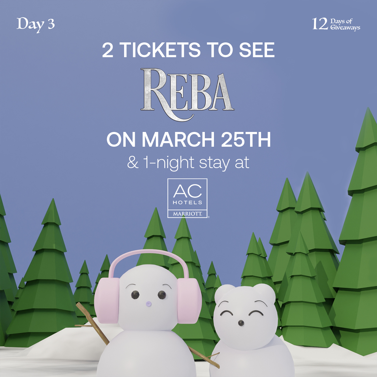 deltacenter's tweet photo. DAY 3: Win two lower bowl tickets to see @reba at #VivintArena on March 25 PLUS a one-night stay at the AC Hotel SLC!
To enter:
1️⃣Follow @vivintarena 
2️⃣RT
3️⃣Tag a friend
*Winner will be DM’d 12/15 by 10am https://t.co/12O0moxYBT