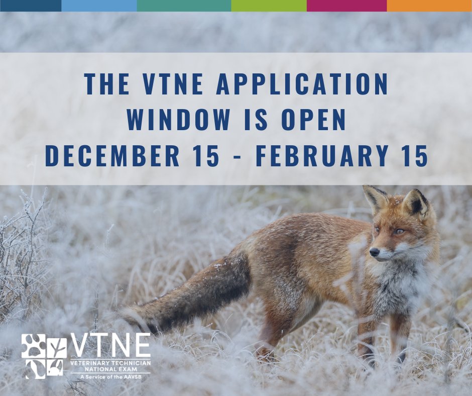 AAVSB's tweet photo. The application window for the VTNE is about to open! The application window will be open starting tomorrow,  December 15, 2022, and will close on February 15, 2023. Make sure to follow all the steps and apply for the exam at https://t.co/OJTtuPaH0t https://t.co/vGyUdnkAuv