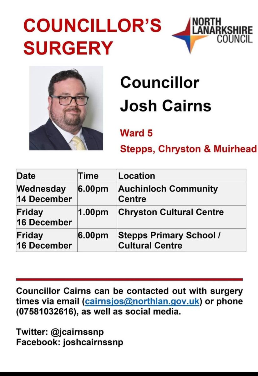 Just a reminder of surgeries this week. 
The 1st is tonight Auchinloch 6pm in the community hall