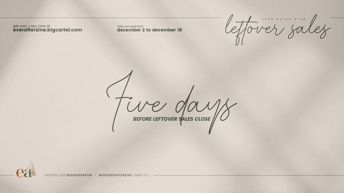 🌸🌸 Leftover Sales 🌸🌸

Five days left before our shop closes! 
Shop now at:
🌸 everafterzine.bigcartel.com

Leftover Sales will be open from December 2nd until December 18th.

#bkdkEverAfter #everafterzine #bkdk #dkbk