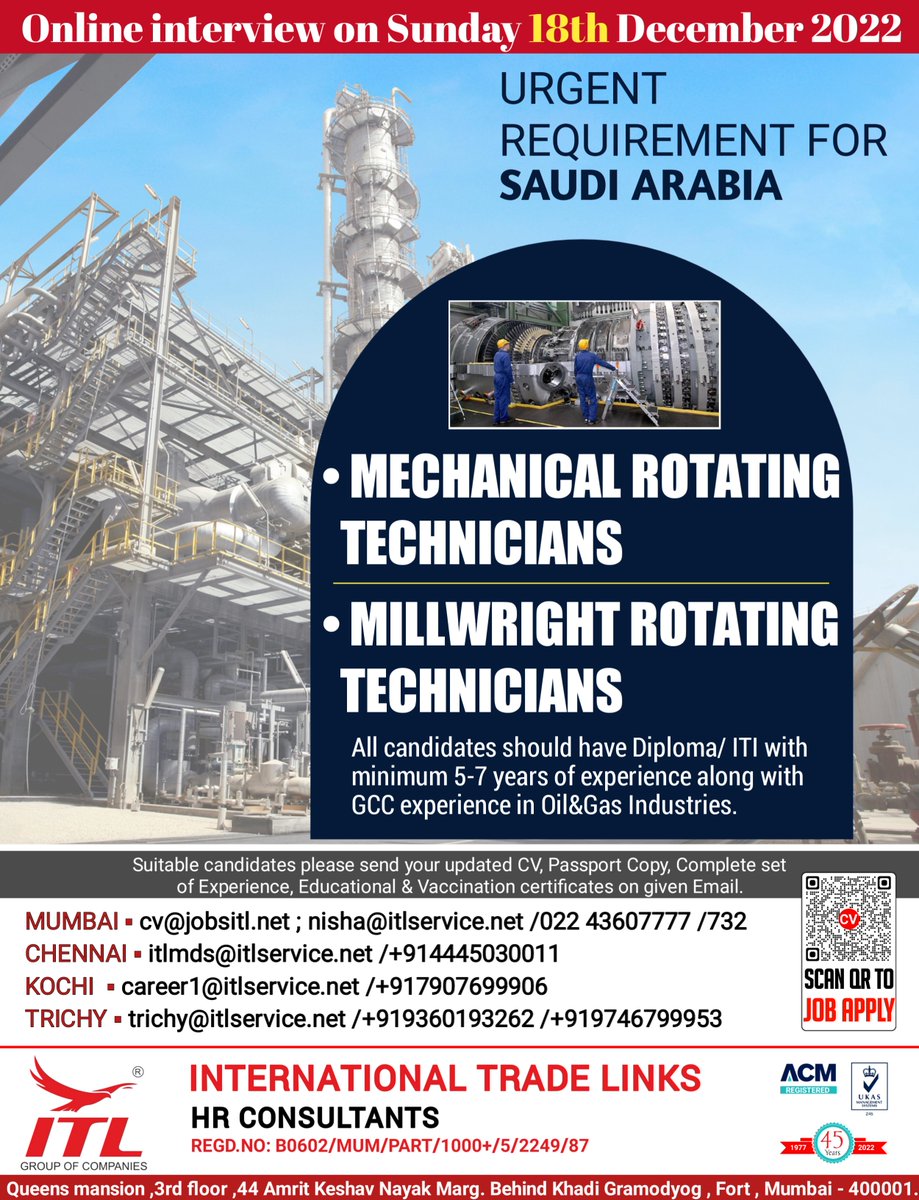 ItlJobs's tweet photo. JOB VACANCY FOR #saudiarabia 
CLICK ON LINK TO APPLY JOB > https://t.co/t4H7Iy9eMZ
Learn more :
https://t.co/L5a1jRLuOk

#rotatingequipment #maintenancejobs #steamturbine #gasturbine #eram #hrsolutions #mechanical #supervisorjobs #rorating #petrochemical #refinery #mechanical https://t.co/DXfgYDWo5O