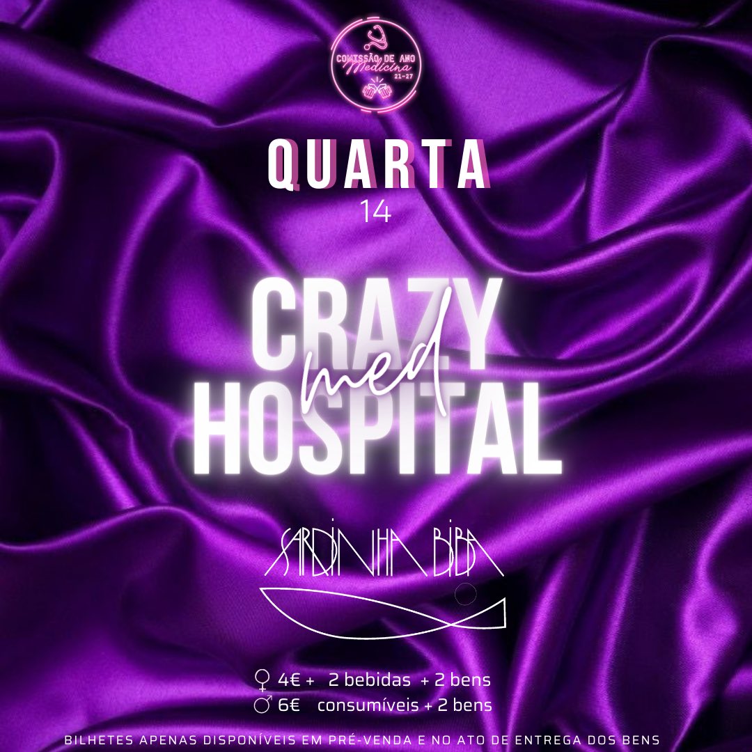 É já hoje (14 DEZ) que a comissão de medicina volta a trazer junto com a Discoteca Sardinha Biba as míticas quartas-feiras.🥂
Não percam esta oportunidade para uma quarta inesquecível.💃🏼
Bilhetes em pré venda, contactem a comissão. MP 📥
(Preços diferentes na porta)

#UM #uminho