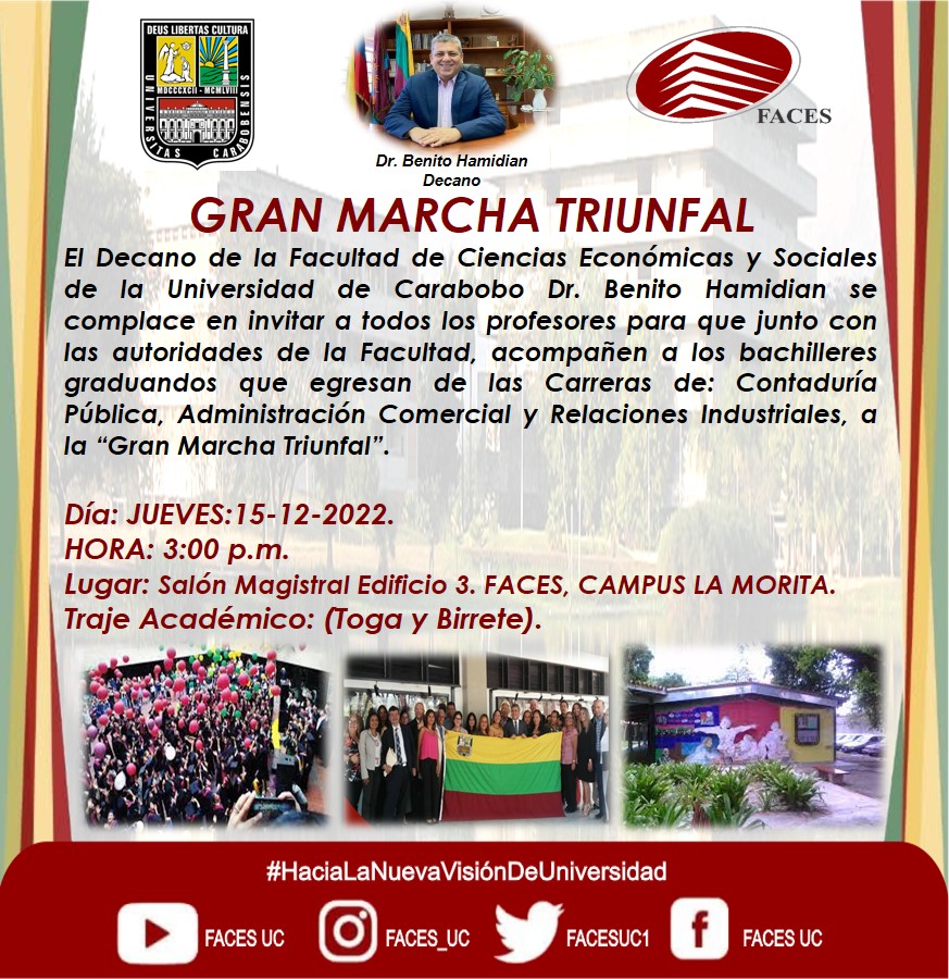 🎉 GRAN MARCHA TRIUNFAL ...!! 🎉  CAMPUS LA MORITA

Se invita a la GRAN MARCHA TRIUNFAL a todos los Profesores para que junto con las Autoridades de la Facultad acompañen a los bachilleres que egresan de las carreras de #AC, #CP y #RRII.

Dr. Benito Hamidian
Decano