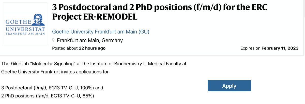 Ivan Đikić (@idikic2) on Twitter photo Students and postdocs interested in #ER remodeling and #autophagy and #ubiquitination and their impact on development of human diseases please consider this <a href="/ERC_Research/">European Research Council (ERC)</a> grant 😀😉🙃
<a href="/IBC2_GU/">IBC2</a> <a href="/goetheuni/">Goethe-Universität</a> <a href="/sfb1177/">SFB 1177</a> <a href="/RMU_EMTHERA/">EMTHERA</a>
nature.com/naturecareers/… Students and postdocs interested in #ER remodeling and #autophagy and #ubiquitination and their impact on development of human diseases please consider this <a href="/ERC_Research/">European Research Council (ERC)</a> grant 😀😉🙃
<a href="/IBC2_GU/">IBC2</a> <a href="/goetheuni/">Goethe-Universität</a> <a href="/sfb1177/">SFB 1177</a> <a href="/RMU_EMTHERA/">EMTHERA</a>
nature.com/naturecareers/…