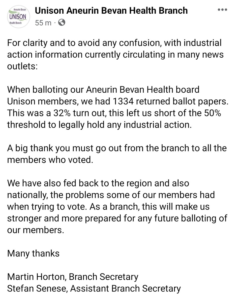 A message about the industrial action ballot for the Aneurin Bevan health branch.

Martin Horton, Branch Secretary 
Stefan Senese, Assistant Branch Secretary