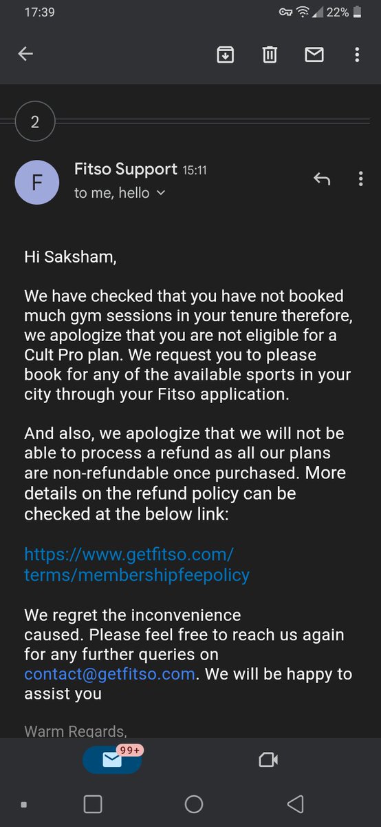 saksham77444's tweet photo. @cultfitOfficial and @fitsocares
Who are you to decide that which users are allowed for cult pro membership?
What is meaning of you have not used much gym
7-8 sessions in less than 30 days is less for you?
Ridiculous!!
Plain case of harassment & hooliganism
#boycottfitso
#fitso https://t.co/tUYonqPZOK