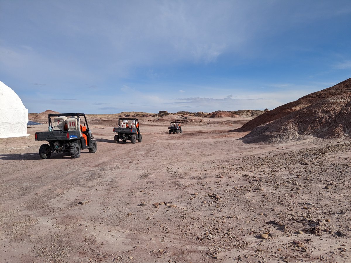 MDRSupdates's tweet photo. Members of Crew 270 (NASA Spaceward Bound) depart the #MDRS facility on their first EVA mission to collect rock &amp; soil samples in the southern #Utah desert. #stem #marsanalog #science @NASA @NASASTEM #themarssociety https://t.co/SgK0x67RAk