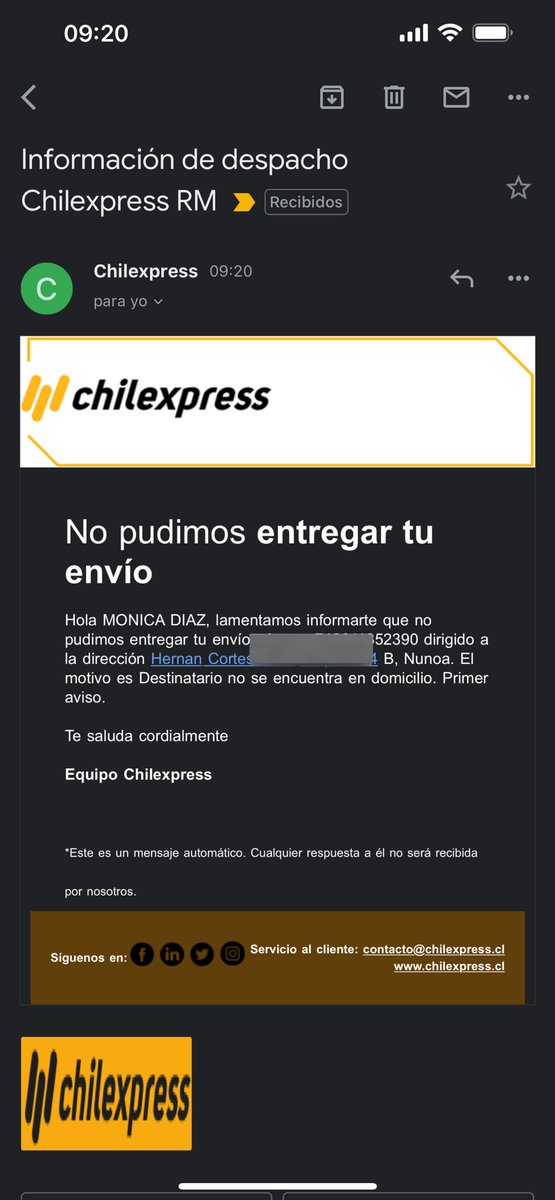 munichdiazg's tweet photo. @ChilexpressHelp Hola me quedé esperando el contacto. Ahora en la mañana me llegó de nuevo un correo  que no se pudo entregar y estoy en mi casa repito además tengo conserjería que reciben los paquetes no vivo en casa https://t.co/RojscbaoA8
