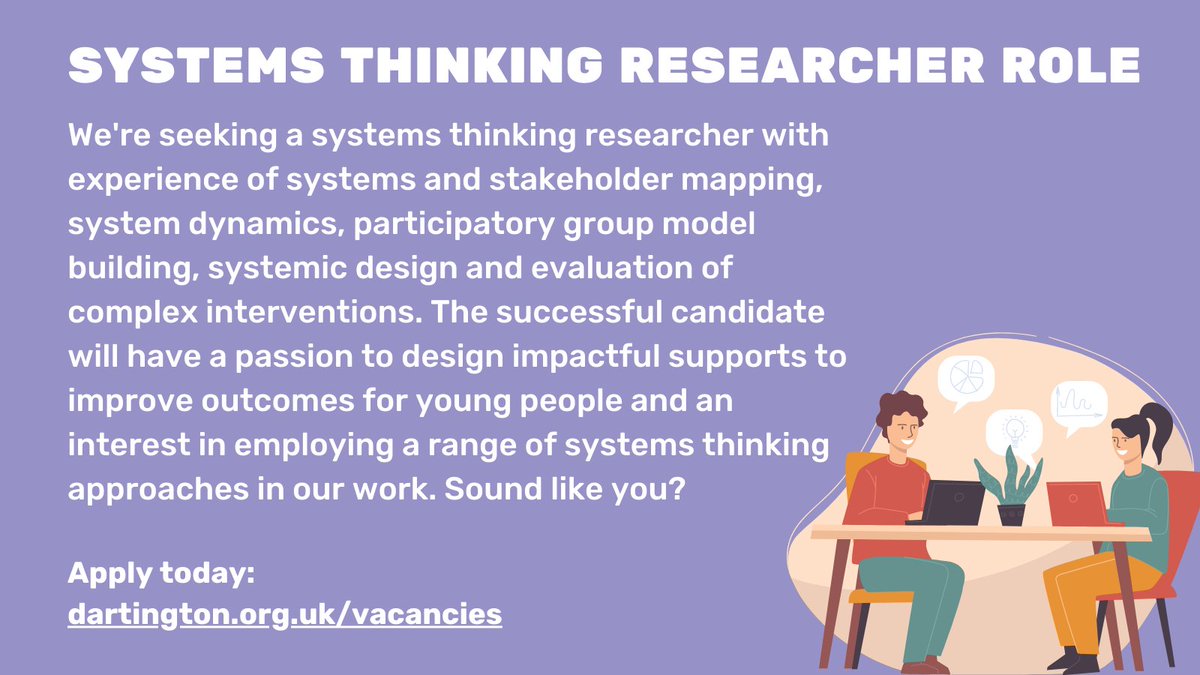 Are you an experienced Systems Thinking #Researcher &amp; looking for a new role in 2023? We have an exciting #job #vacancy for someone experienced in #systems #systemsdynamics systemic design &amp; passionate about improving outcomes for young people. Apply 👉 bit.ly/3iWF8vH