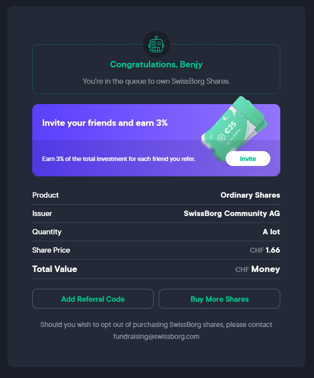Count me in guys! 💚

I'm far from the biggest holder out there but if it can help <a href="/SwissBorg/">SwissBorg</a>'s mission even a little then it's worth it for me 🚀

I'll see all of you in the Shareholder meetups with 🍾&amp; 🍕!

Feel like joining the #Swiss3org Journey ? -> bit.ly/SwissBorgSerie…