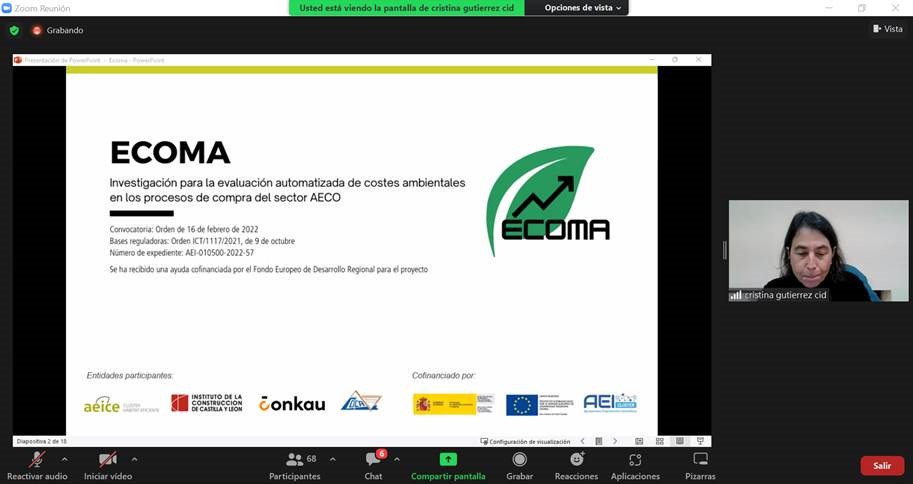 ClusterAeice's tweet photo. Cristina Gutiérrez de @_ICCL_ presenta en II Jornada de Transferencia de Conocimiento @FENAEIC, sobre proyectos de I+D+i cofinanciados por @mincoturgob #FEDER #ECOMA https://t.co/47Ipr3NP0C