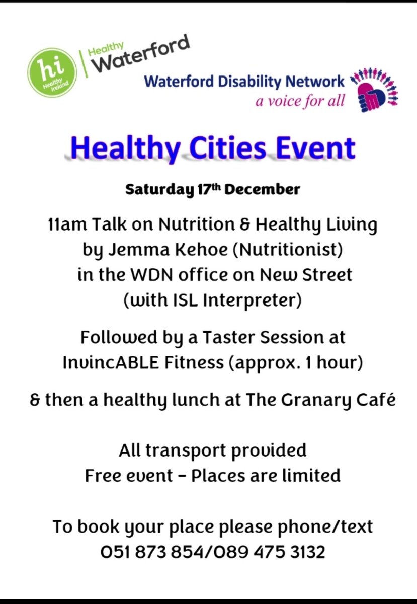 Waterford Disability Network are hosting the below event - come along if you are looking to see what's like in the GYM and if have any questions on Nutrition(food).

FREE and ISL interpreter provided 😊
#HealthyWaterford #Disability #ISL #waterford