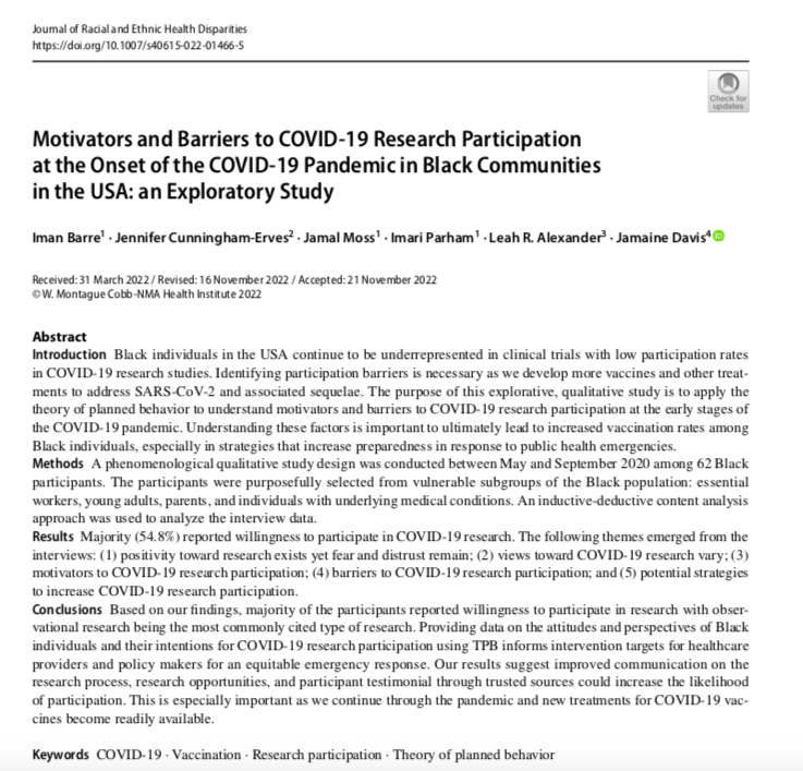 jscdavis's tweet photo. Congrats to @ImanBarre on her latest research on COVID‑19 Research Participation published in Journal of Racial and Ethnic Health Disparities. What a Team! @blackincommneng @c_erves @drjmossthaboss @ParhamImari Leah Alexander @SoMMeharry
#HBCU Read here: https://t.co/opm7kw61j4 https://t.co/FZ9ZbRSTZq