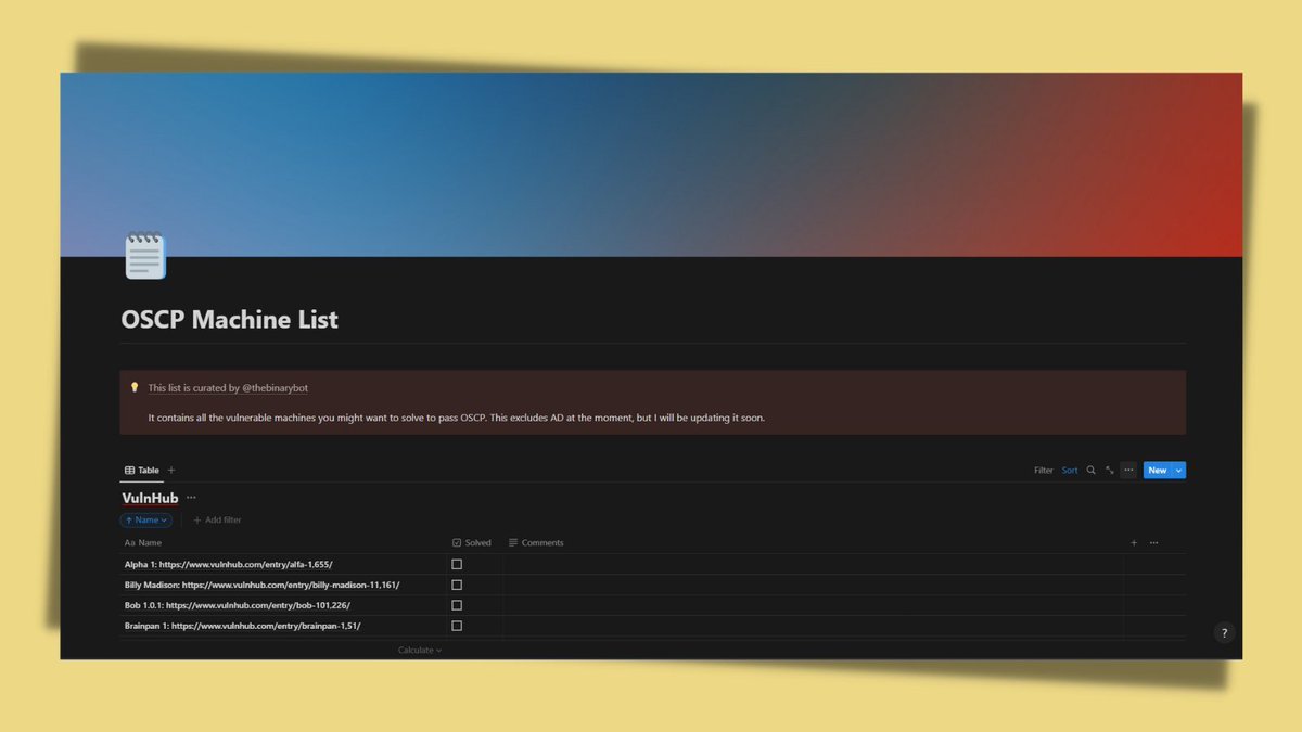 thebinarybot's tweet image. The OSCP machines list notion template up for grabs!

To get your FREE copy:

1️⃣ Follow @thebinarybot and subscribe to my free NL at blog.thebotsite.me
2️⃣ Comment &quot;want&quot;
3️⃣ RT this tweet

#bugbounty #oscp #hacking #cybersecurity #notiontemplate #infosec
