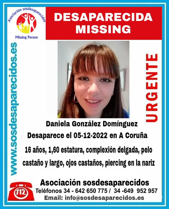 Solicitan colaboración ciudadana para localizar a la joven Daniela González Domínguez, de 16 años, desaparecida en #ACoruña el pasado 5 de diciembre. Mide 1,60 metros y es de complexión delgada