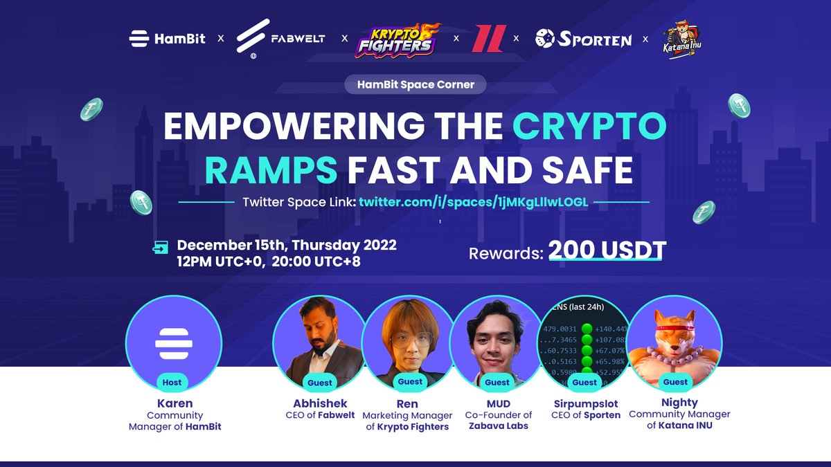 🎙 #HamBit will be hosting a roundtable discussion with <a href="/FabweltToken/">FabweltToken</a>, <a href="/KryptoFighters/">KryptoFighters</a>, <a href="/ZabavaLabs/">Zabava Labs</a> <a href="/Sporten618/">Sporten {⚽️.618}</a> &amp; @KatanaInu via #TwitterSpaces.

📍 Link: x.com/i/spaces/1jMKg…
⏰ Date &amp; time: December 15th, 12PM (UTC+0)

🏆 A total of $200 prize pool will be distributed!