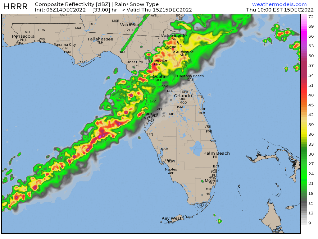 Estimated squall line position tomorrow Thursday at 10am. Timing for my Florida friends. Line will be packing some punch as it moves through the state. spaghettimodels.com
