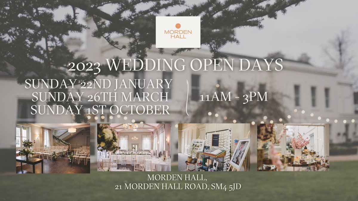 You are invited to our Wedding Open Days in 2023! 
Meet the team, have a tour &amp; enjoy a glass of bubbly on arrival.
11am-3pm
• 22nd January 
• 26th March 
• 1st October 
RSVP to eventsteam@mordenhall.com
fb.me/e/3L3Jx6fyh