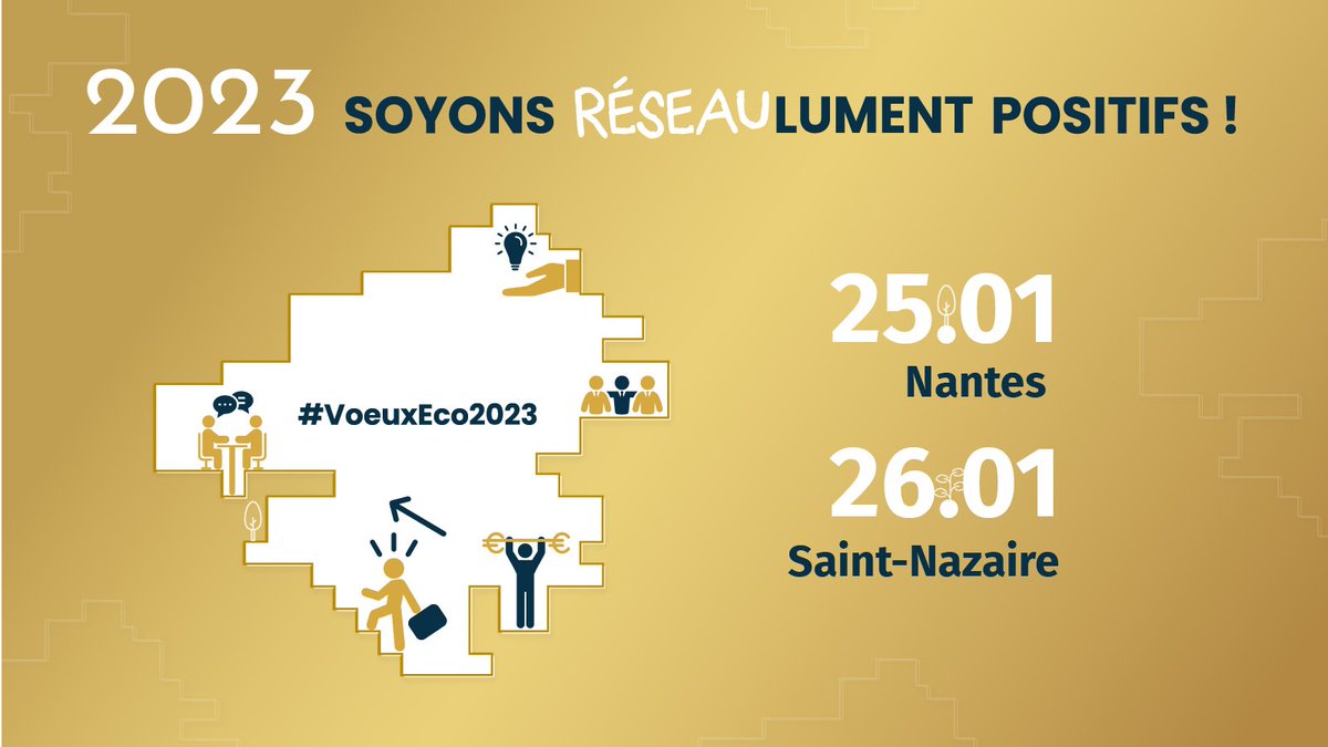 [#VoeuxEco2023] 🚨 Breaking news ! 
📅Les 25/01 à Nantes et 26/01 à Saint-Nazaire se dérouleront  les soirées des Vœux du monde économique.
✅ Un thème : "RESEAUlument positifs" ! 🎊
 
On s'inscrit ⬇️
Nantes 👉 bit.ly/3VYEuMR
Saint-Nazaire 👉  bit.ly/3UXtC0g