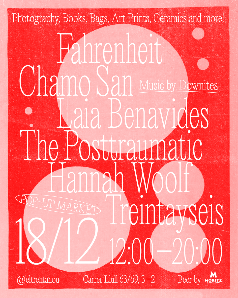 POP UP Domingo 18 de diciembre. Varios artistas de #Barcelona venderán sus creaciones en el espacio Eltrentanou de Poblenou (C/ Llull 63/69, 3-2)
@chamo_san
<a href="/ninasans/">Nina Sans</a>
<a href="/rafagoicoechea/">Rafa Goicoechea</a>
<a href="/LaiaBenavides/">Laia Benavides</a>
<a href="/antxen1/">antxen</a>
#FahrenheitBCN
theposttraumatic.com
Música: #downites