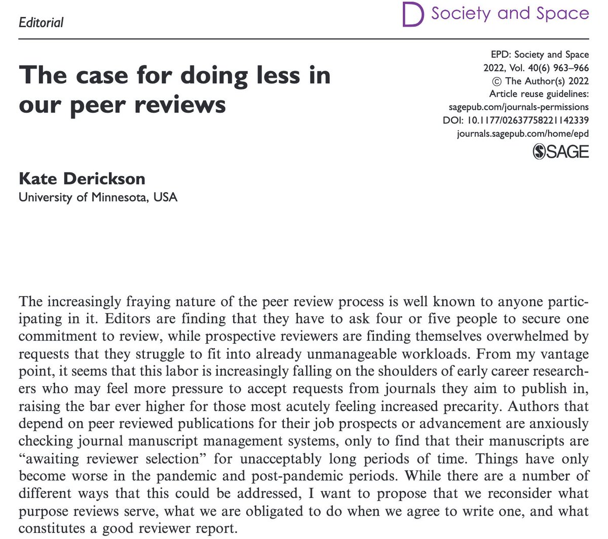 Our editor @katederickson on 'The case for doing less in our peer reviews'
journals.sagepub.com/doi/10.1177/02…