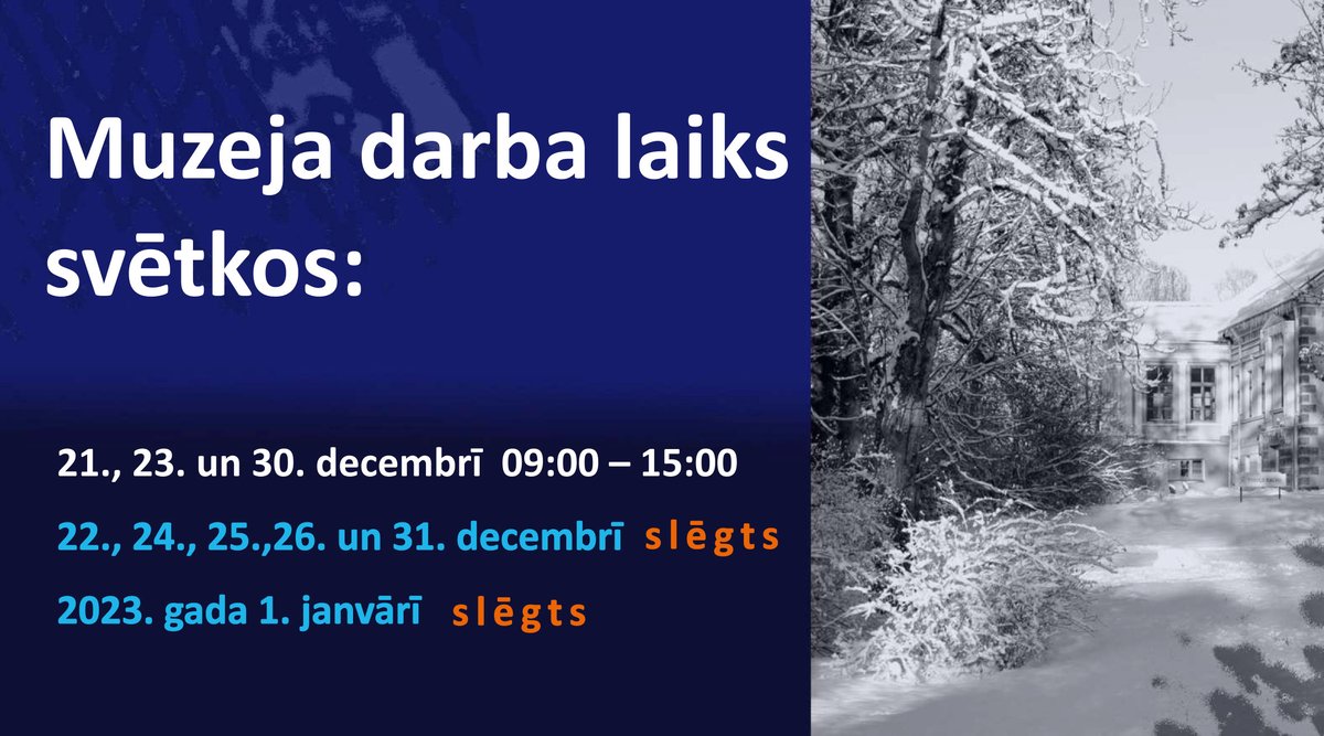 Talsu_muzejs's tweet image. Izmaiņas muzeja darba laikā svētkos! 🎄❄ 

Tuvojas ziemas saulgrieži un Jaunais gads, tādēļ izmaiņas muzeja darba laikā. Lai Tev gaiši un skaisti svētki, un tiekamies muzejā!

#talsi #novadamuzejs #visittalsi #muzejs #talsumuzejs #museum #ziemassvetki #svetki #darbalaiks