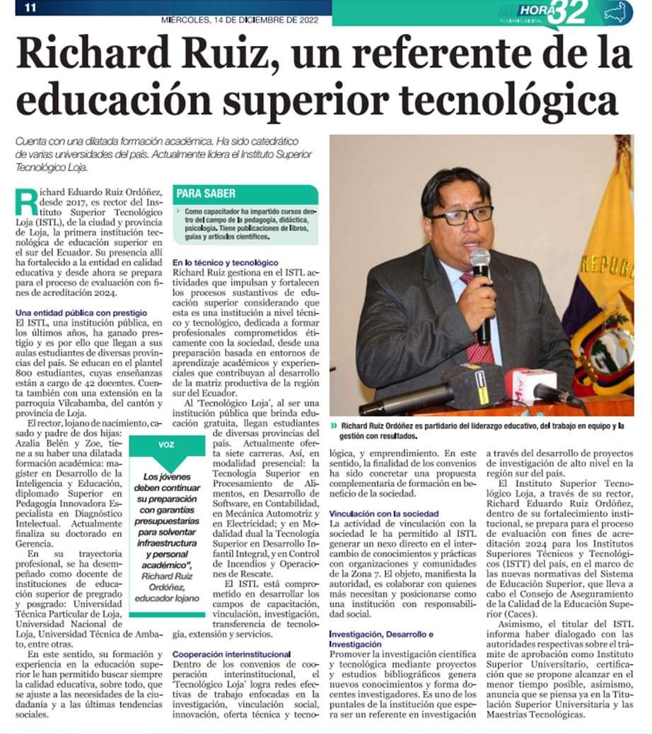 TecnologicoLoja's tweet photo. 📌 #ISTLojaEnMedios | Compartimos la entrevista realizada en #HORA32 al Rector del ISTLoja Dr. Richard Ruiz Ph.D donde nos menciona que es posible diversificar la oferta académica bajo los principios de inclusión y calidad, a través de la formación tecnológica.👇
@richardruiz79 https://t.co/NnmPBbn8s4