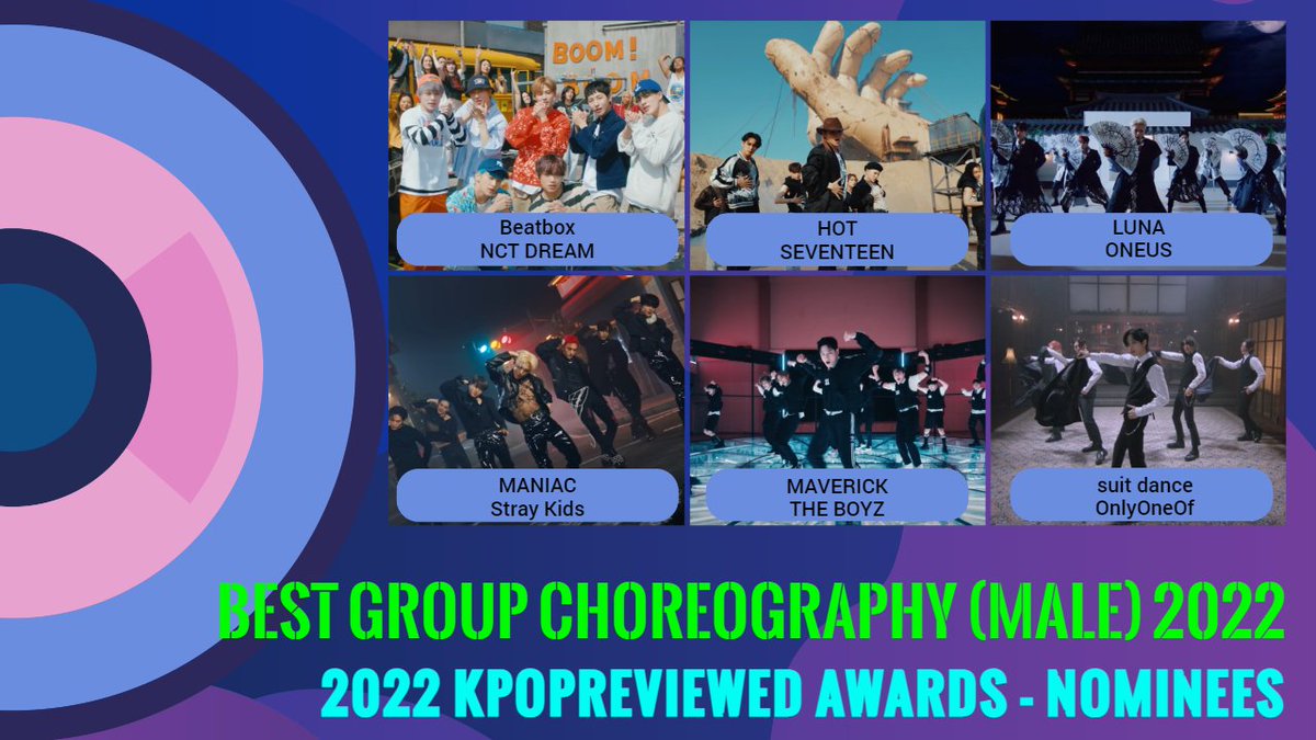 kpopreviewed's tweet photo. #NCTDREAM #BeatBox, #SEVENTEEN #HOT, #ONEUS #LUNA, #StrayKids #MANIAC, #THEBOYZ #MAVERICK &amp; #suitdance #OnlyOneOf are nominated for Best Group Choreography (Male) in the 2022 KPOPREVIEWED Awards. Support your favourite performance by voting here today https://t.co/aglWagwc5v https://t.co/s4WVa30cyv