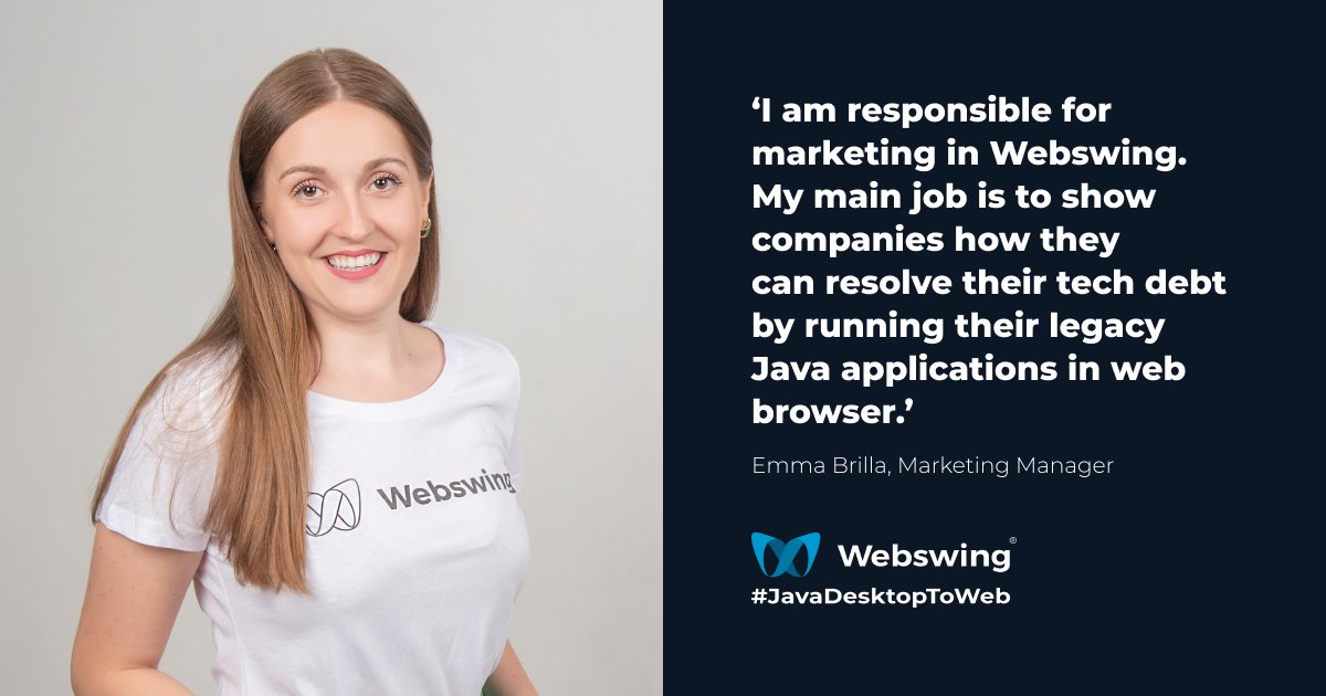 Webswing_org's tweet photo. Meet Emma. Hard worker responsible for creation and delivery of all important marketing content that you can see and feel online. Find out more at https://t.co/kHBbUAH4MU

#java #technology #software #programming #javafx #swing #netbeans #app #webswing #company https://t.co/EqbSW8MrrH