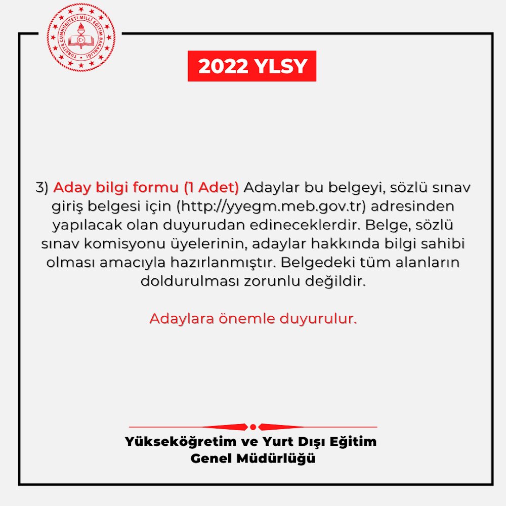 mebyyegm's tweet photo. Bakanlığımızca 1416 sayılı Kanun kapsamında verilen burs ile lisansüstü öğrenim görmek üzere yurt dışına gönderilecek öğrencileri belirlemek amacıyla yapılacak sözlü sınav 15 Aralık 2022 tarihinde başlayacaktır. 
Adayların sözlü sınav için bulundurması gereken belgeler; https://t.co/gxxSyL9f9k