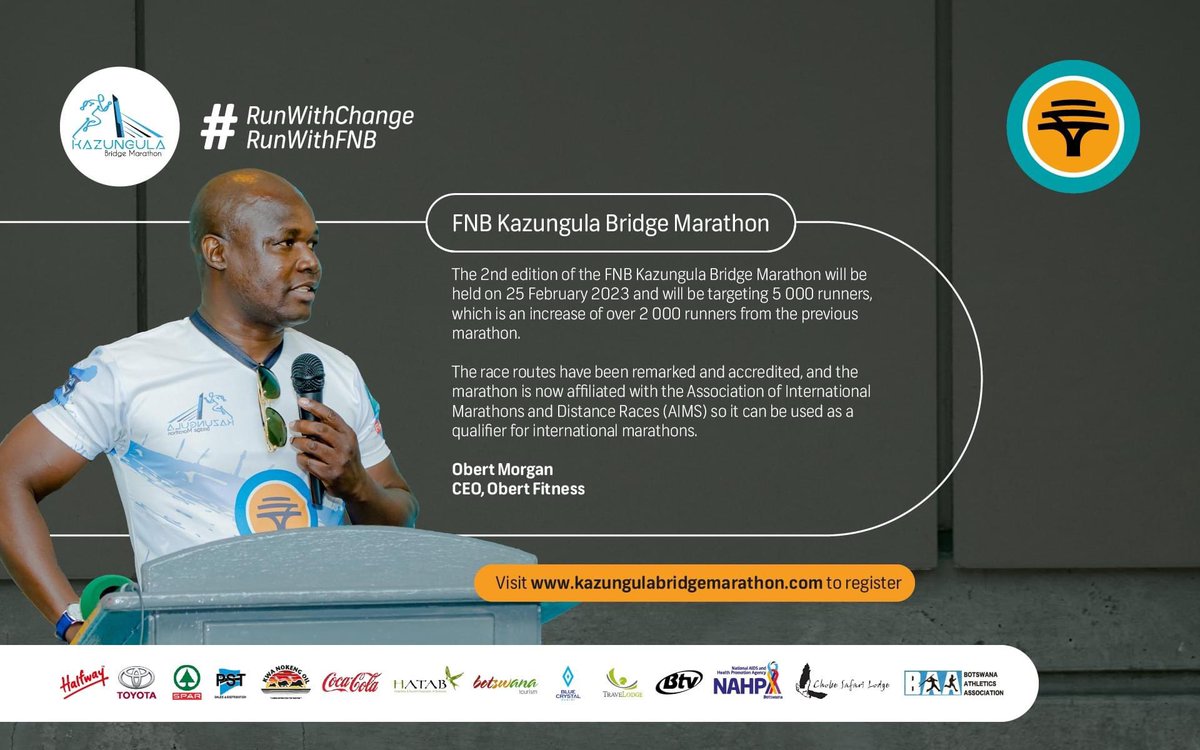 FNBKBM's tweet photo. DID YOU KNOW -The FNBKBM is now a World Athletics accredited and certified race. 

The race routes have been remarked by World Athletics accredited AIMS Measurer Mr Norrie Williamson.Register now to come run on the iconic Kazungula bridge in Kasane, Botswana and #beapartofhistory https://t.co/5oGczZ4qM3