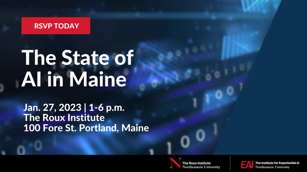 Experiential_AI's tweet photo. You’re invited! Join us on Jan. 27, 2023 at the @RouxInstitute to hear findings from a new report exploring Maine's early #AI breakthroughs.
RSVP ➡ https://t.co/CFqNYJuIvu
#Maine #Maineevent #PortlandMaine #Mainetech https://t.co/aY2ksmxv2T