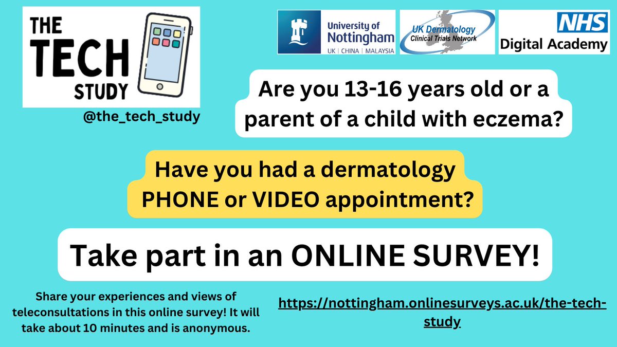 National Eczema Society (@eczemasociety) on Twitter photo Are you aged 13-16, or a parent of a child with #eczema? Have you had a dermatology phone or video appointment? 📱
Researchers at University of Nottingham want to hear about your experiences of teleconsultations!
Take part 👉tinyurl.com/2bhahybr or visit <a href="/The_TECH_Study/">The TECH Study</a> Are you aged 13-16, or a parent of a child with #eczema? Have you had a dermatology phone or video appointment? 📱
Researchers at University of Nottingham want to hear about your experiences of teleconsultations!
Take part 👉tinyurl.com/2bhahybr or visit <a href="/The_TECH_Study/">The TECH Study</a>