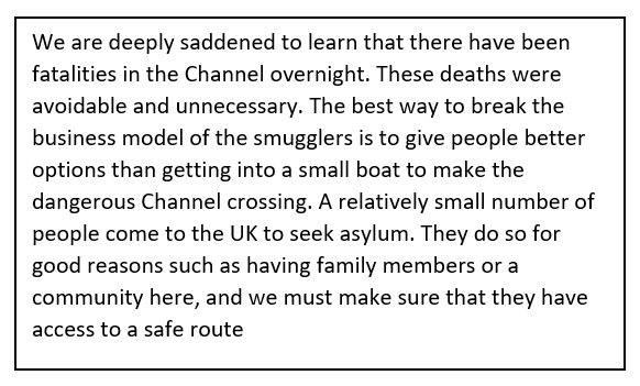 FH4Labour's tweet photo. Our statement on the devastating news of the loss on the deaths in the Channel overnight. https://t.co/Lsbw8m726I