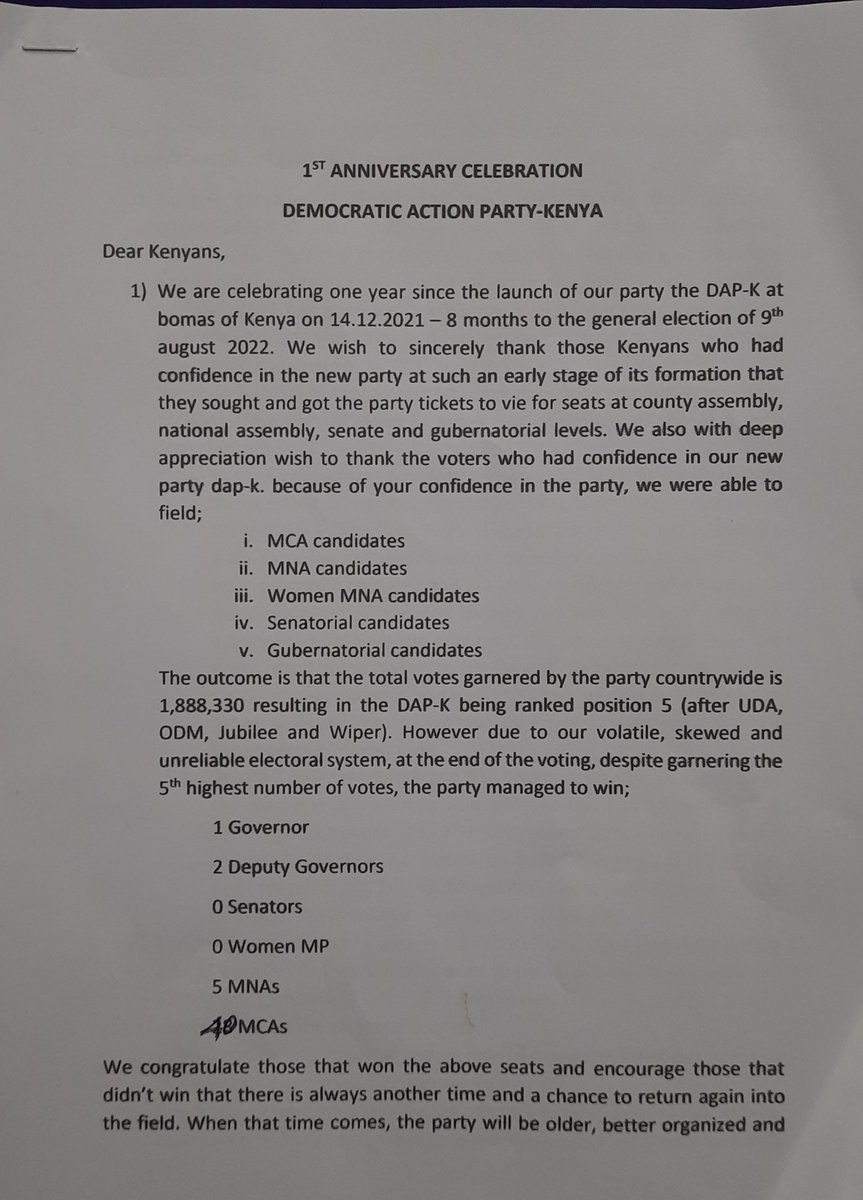 DAP_Kenya's tweet photo. Official Statement of the party as we mark our 1st anniversary.
#DAPKAtOne https://t.co/wYVx2eKi8u