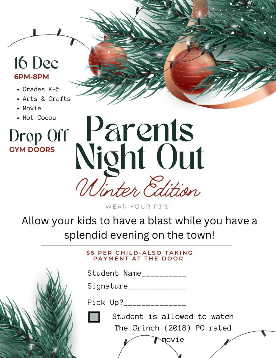 ☃️THIS FRIDAY☃️ student council is hosting a Parent’s Night Out Fundraiser! Winter activities and a movie for your kids while you enjoy your Friday evening! $5 per child, pay at the door! See you there ❄️😊 <a href="/FSDVikings/">Farmingdale School</a>