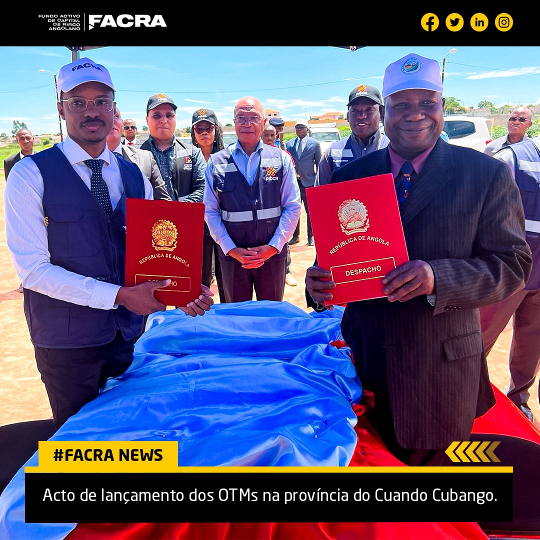facraangola's tweet photo. Acto de lançamento dos OTMs na província do Cuando Cubango.

A Equipa do Fundo Activo de Capital de Risco Angolano (FACRA), encabeçada por Mário Mangueira, Membro da Comissão de Reestruturação e José Paulo, Responsável do Departamento de Gestão de Projectos. https://t.co/AenIRE7EaP