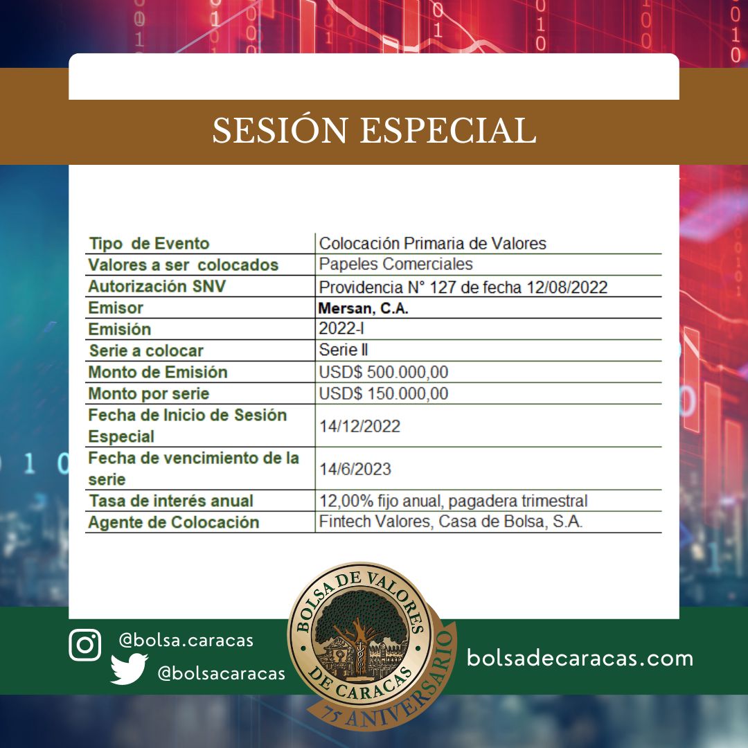 La Bolsa de Valores de Caracas, en su carácter institucional de promover el mercado de valores de #RentaFija, informa sobre la colocación primaria de papeles comerciales al portador de la empresa Mersan, C.A. 

👨‍💻bit.ly/3hrdKWn

 #BVC  #14dic
