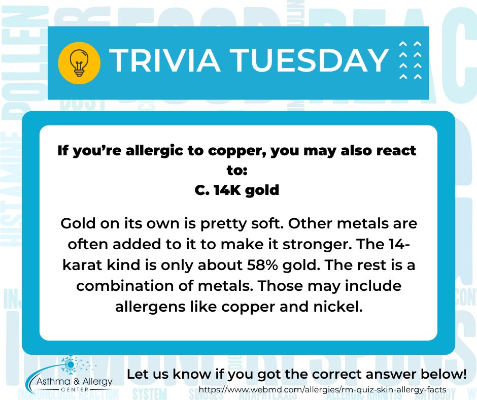 AsthmaAllergyVA's tweet image. Did that one surprise you?

#allergy #AACVA #TriviaTuesdayAnswer #allergist #RoanokeVa #metalallergy