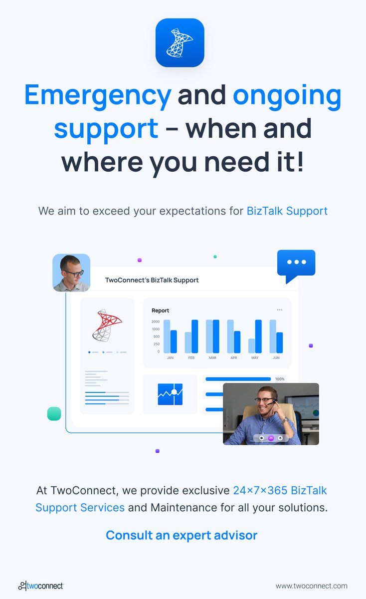 TwoConnectNow's tweet image. Why TwoConnect for BizTalk Support?
We establish a fail-safe disaster recovery plan. We have over 20 years of experience in BizTalk solutions. Use us to achieve peace of mind with your integration implementation.

➡️ twoconnect.com/contact-us/ 
#Biztalksupport #BizTalkServer
