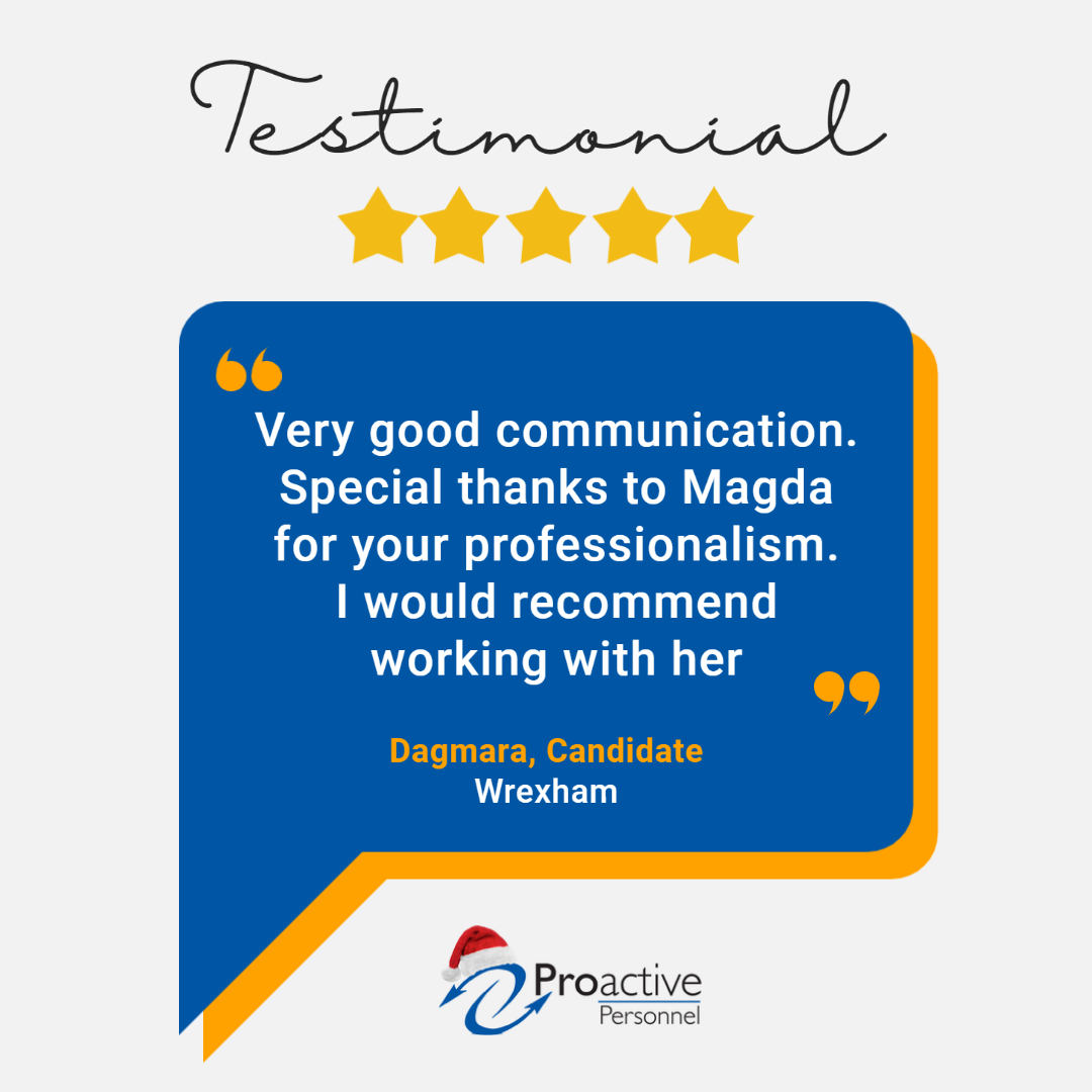 ProactiveAgency's tweet image. A fantastic review for Magda in our #Wrexham Branch! 🤩

Are you looking for a new challenge? Start your job-search today 👉proactivepersonnel.net/jobs/