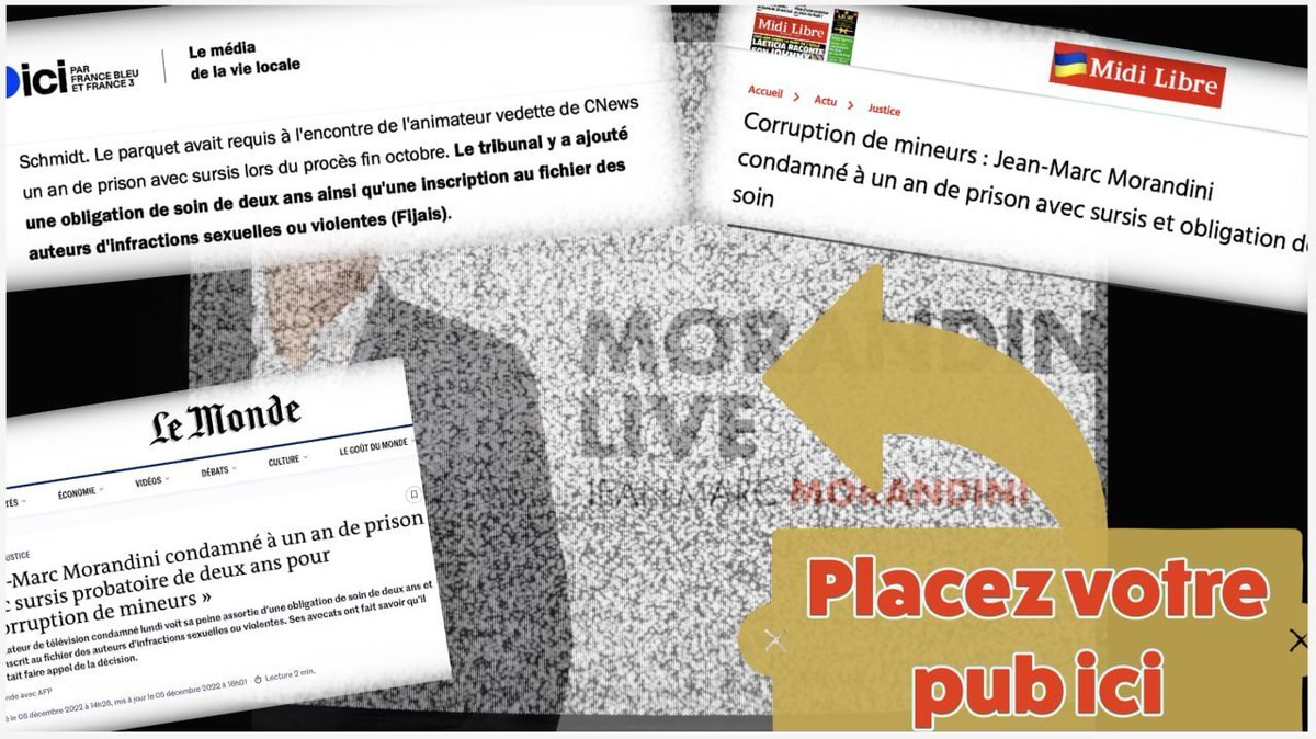 📺Aujourd'hui #CNews n'a encore trouvé que 5 pubs à caser dans  #MorandiniLive :
- #CoursesU 🏆
- #VendezVotreVoiture et #UPSA, absents de Twitter et déjà là hier
- et #CroixRouge (espace offert)
… Sans oublier #Canal+ (tu m'étonnes😄)

Ça se bouscule pas… 😏