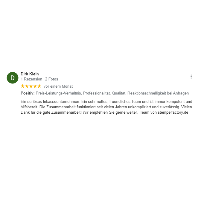 IntInkGmbH's tweet photo. Google Kundenrezension von Dirk Klein.

https://t.co/4ltaTiFcy2 gehört dank seiner erstklassigen Produkte mittlerweile zu den führenden Herstellern und Online-Händler von Stempeln in Deutschland.

#Intecredo #Inkasso #funktioniert #unkompliziert https://t.co/cUgpZF9VwL