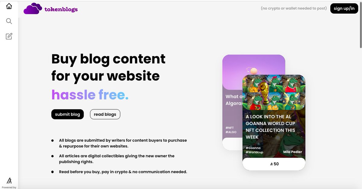 tokenblogs's tweet image. Get the publishing rights to over a 100+ blogs on tokenblogs.app to use on your own website/medium page.

Whether you are a freelancer or an enthusiast blogger - your works can be amplified across the web.

Built on the #Algorand blockchain.

@AlgoFoundation @Algorand