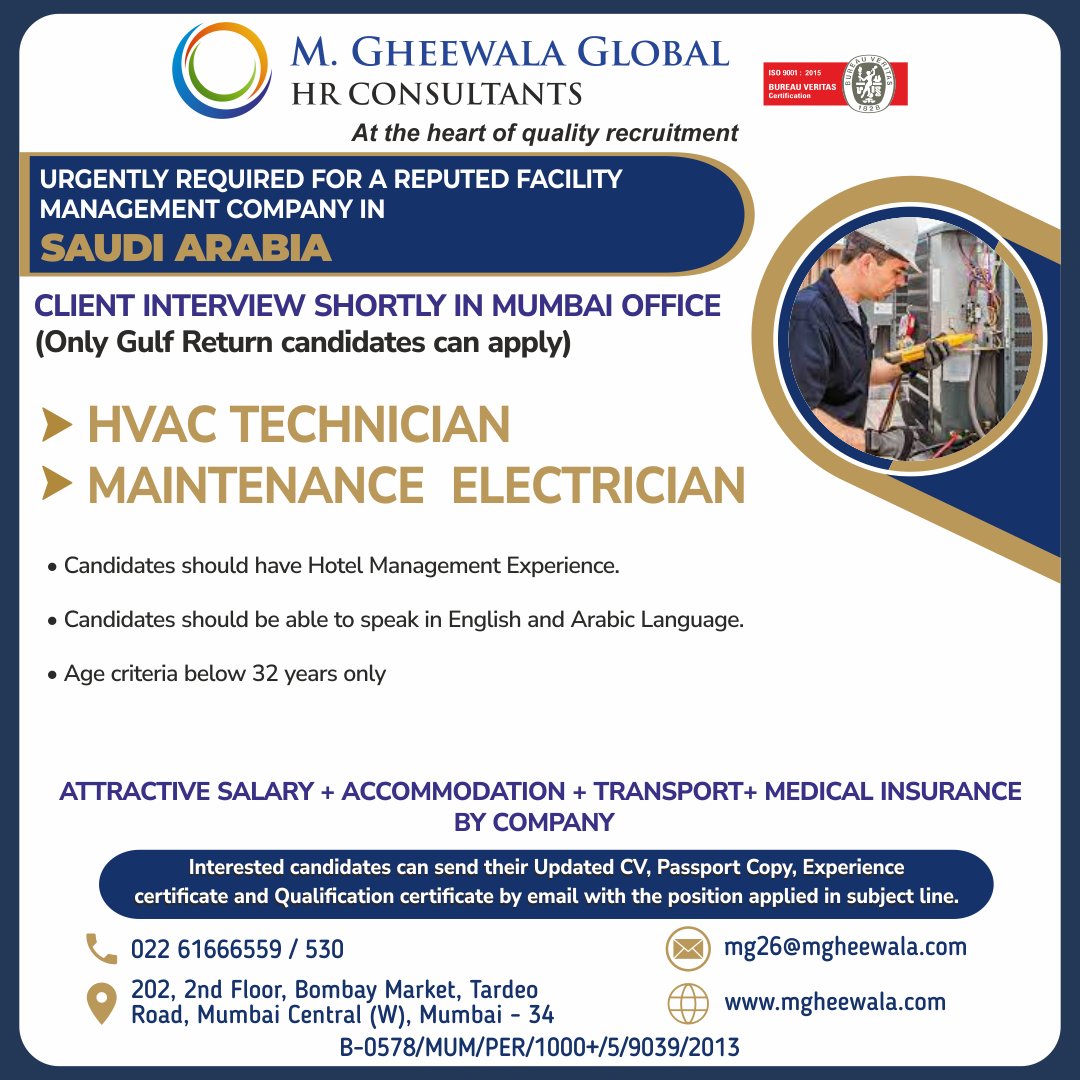 mgheewala_hrc's tweet photo. Job Vacancies for #Saudiarabia
Interested Candidates can send the updated resume to mg26@mgheewala.com
Learn More https://t.co/Ps4bxv1OLt
#saudijobs #Hvactechnician #technician #maintenanceelectrician #electrician #gulfreturn #gulfexperience #hotelmanagementexperience https://t.co/R5HxpXrM58