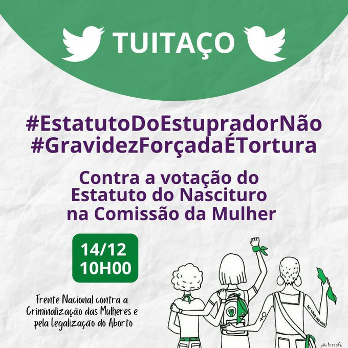 Chama todo mundo pra ação que tá rolando agora! Precisamos pressionar contra a votação do Estatuto do Nascituro na Comissão da Mulher! Usem as hashtags: #EstatutoDoEstupradorNÃO #GravidezForçadaÉTortura